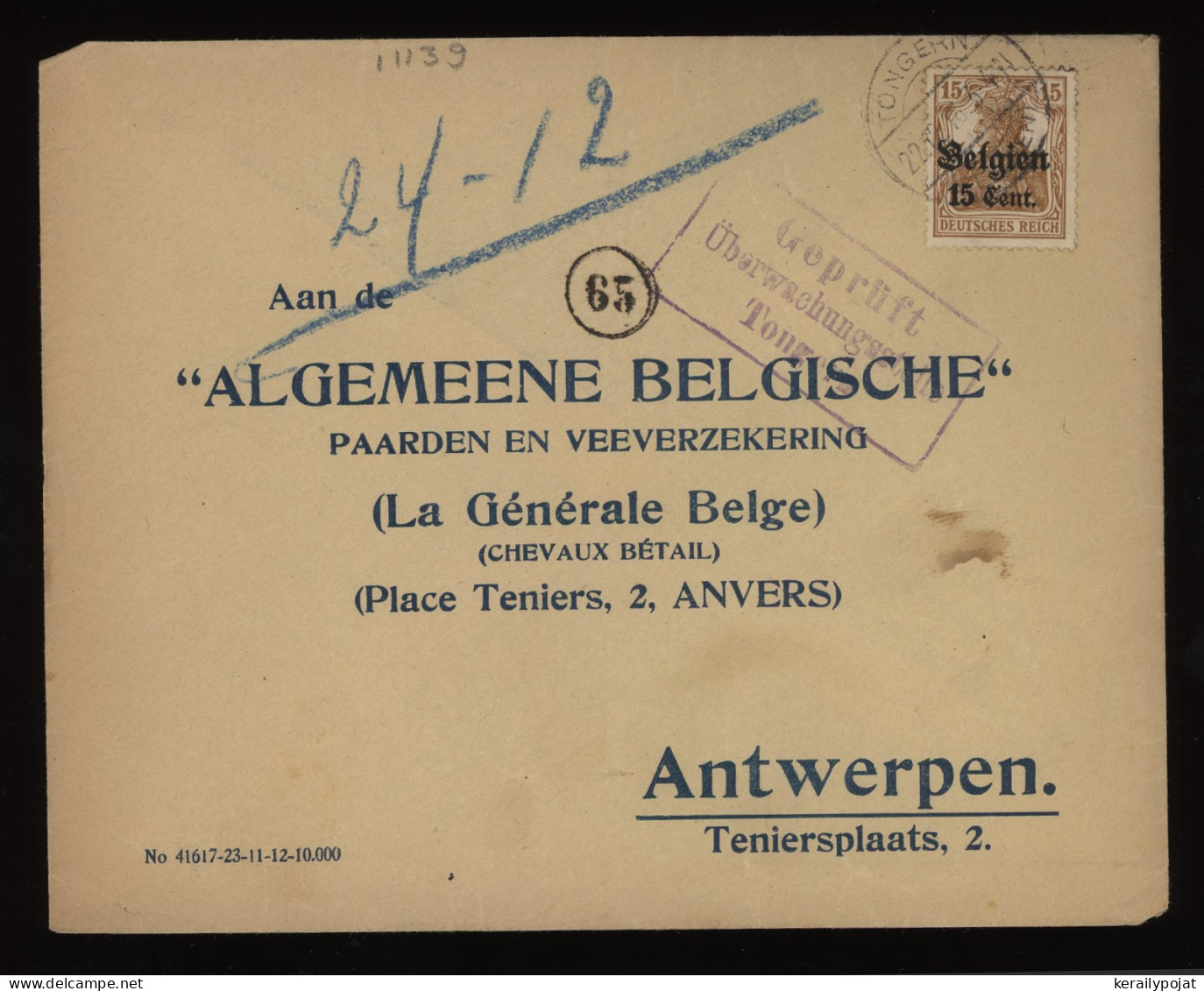 Germany Belgium 1916 Tongern Cover To Antwerpen__(11139) - OC38/54 Belgische Besetzung In Deutschland