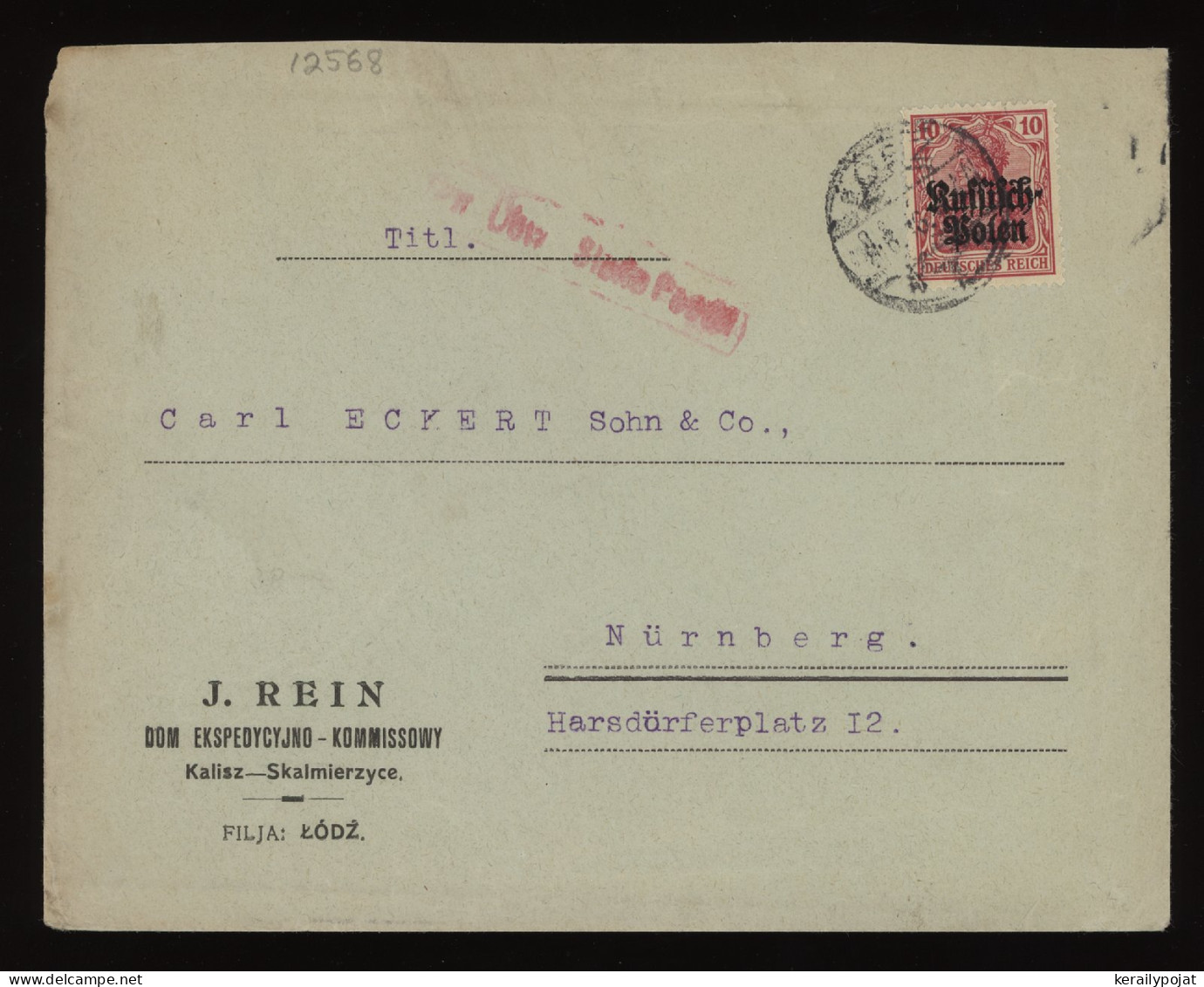 Germany Belgium 1916 Kalisz Business Cover To Nurnberg__(12568) - OC38/54 Belgian Occupation In Germany