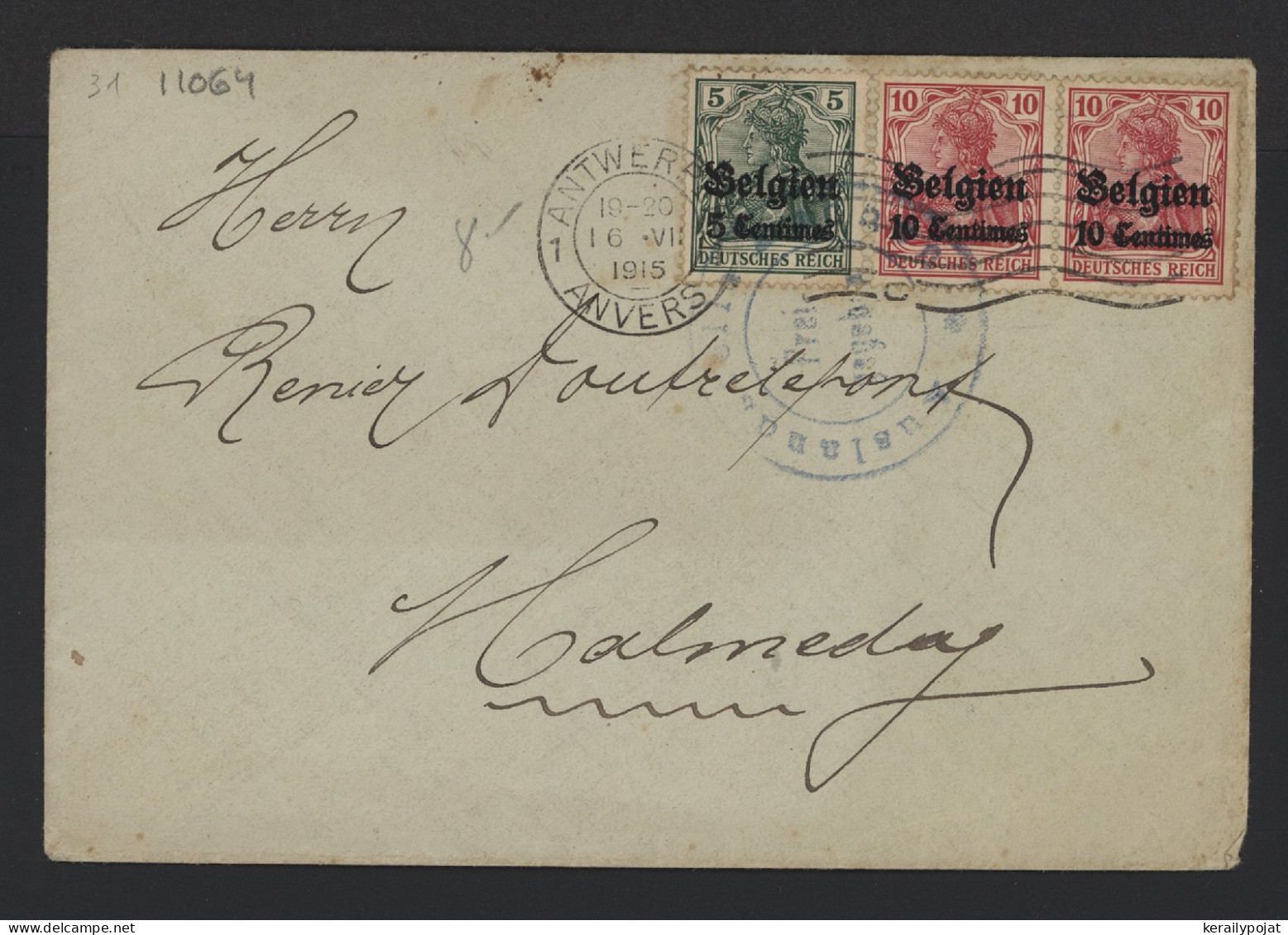 Germany Belgium 1915 Antwerpen Cover To Halmelay__(11064) - OC38/54 Belgian Occupation In Germany