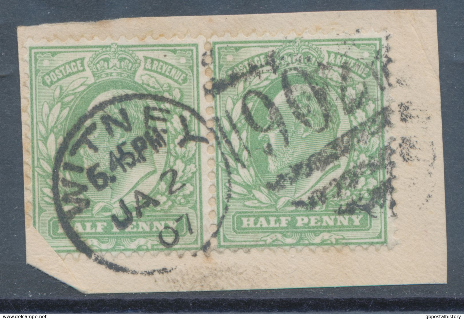 GB EVII ½d  Yellowish Green (pair, One Damaged) VFU On Piece With Duplex „WITNEY / 902“, Oxfordshire (3VOD, Time In Full - Used Stamps