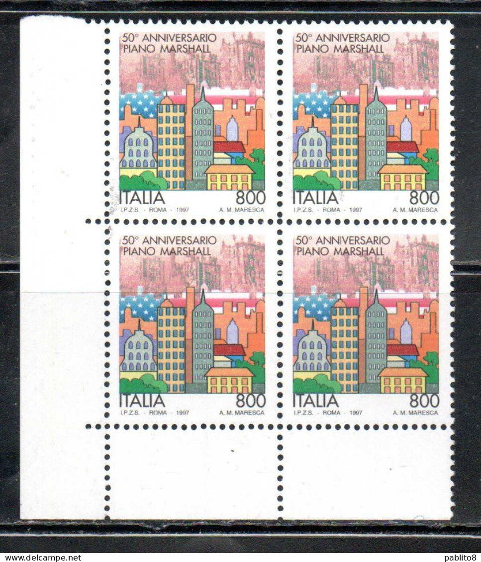 ITALIA REPUBBLICA ITALY REPUBLIC 1997 CINQUANTENARIO DEL PIANO MARSHALL QUARTINA ANGOLO DI FOGLIO BLOCK MNH - 1991-00:  Nuevos