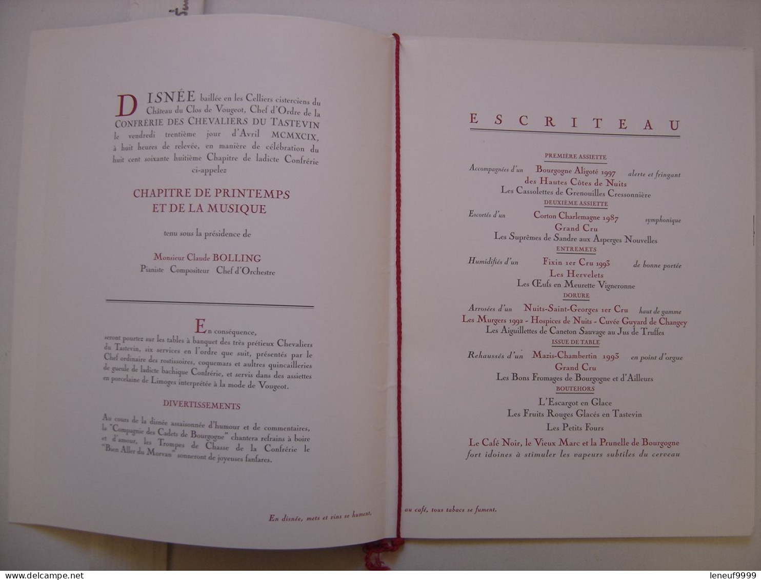 Menu CLOS DE VOUGEOT 1999 Chevaliers Tastevin KOPA JONQUET PIANTONI Clau BOLLING - Menus