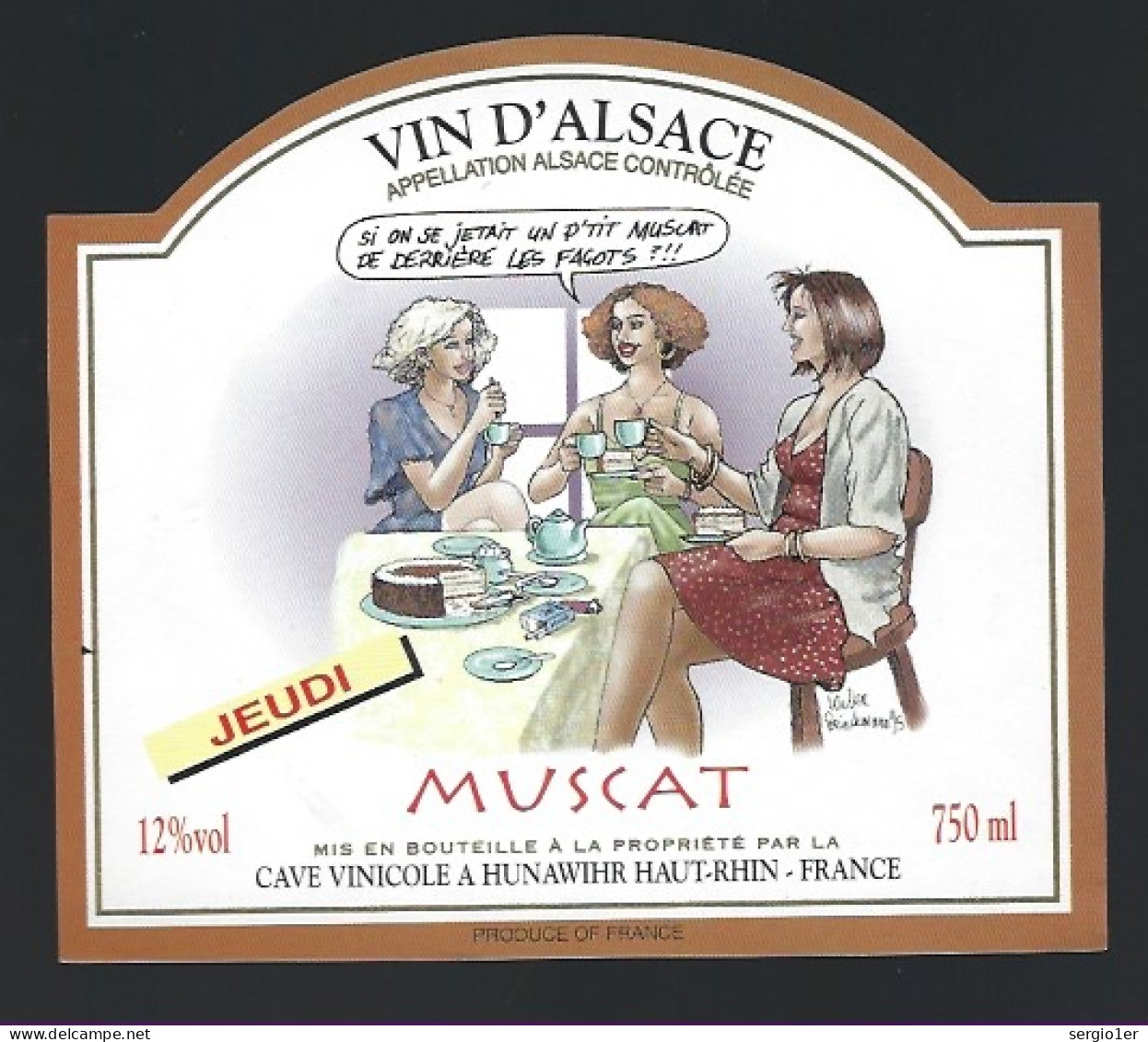 Etiquette Vin  Alsace Muscat   Cave De Hunawihr 68 Jeudi Illustration De Walter Brinkmann - Vino Blanco