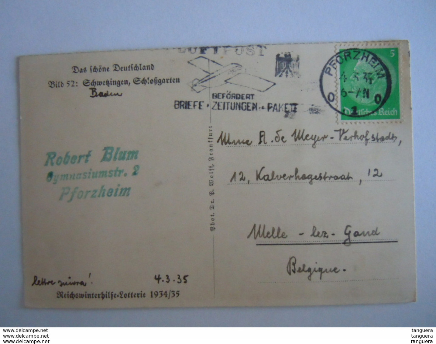 Deutschland Allemagne Reichswinterhilfe Lotterie 1934/35 Bild 52 Schwetzingen Schlossgarten Phorzheim 1935 Yv 444 - Schwetzingen
