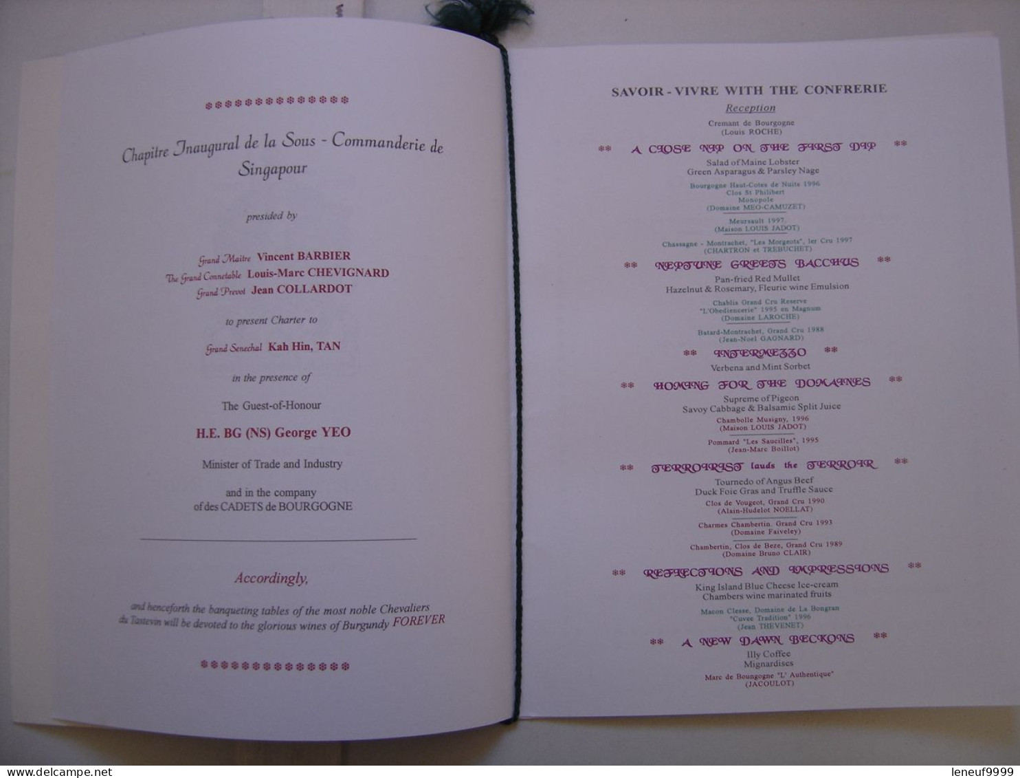 Menu CLOS DE VOUGEOT 1999 Chevaliers Tastevin Kah Hin TAN George YEO Singapour - Menus