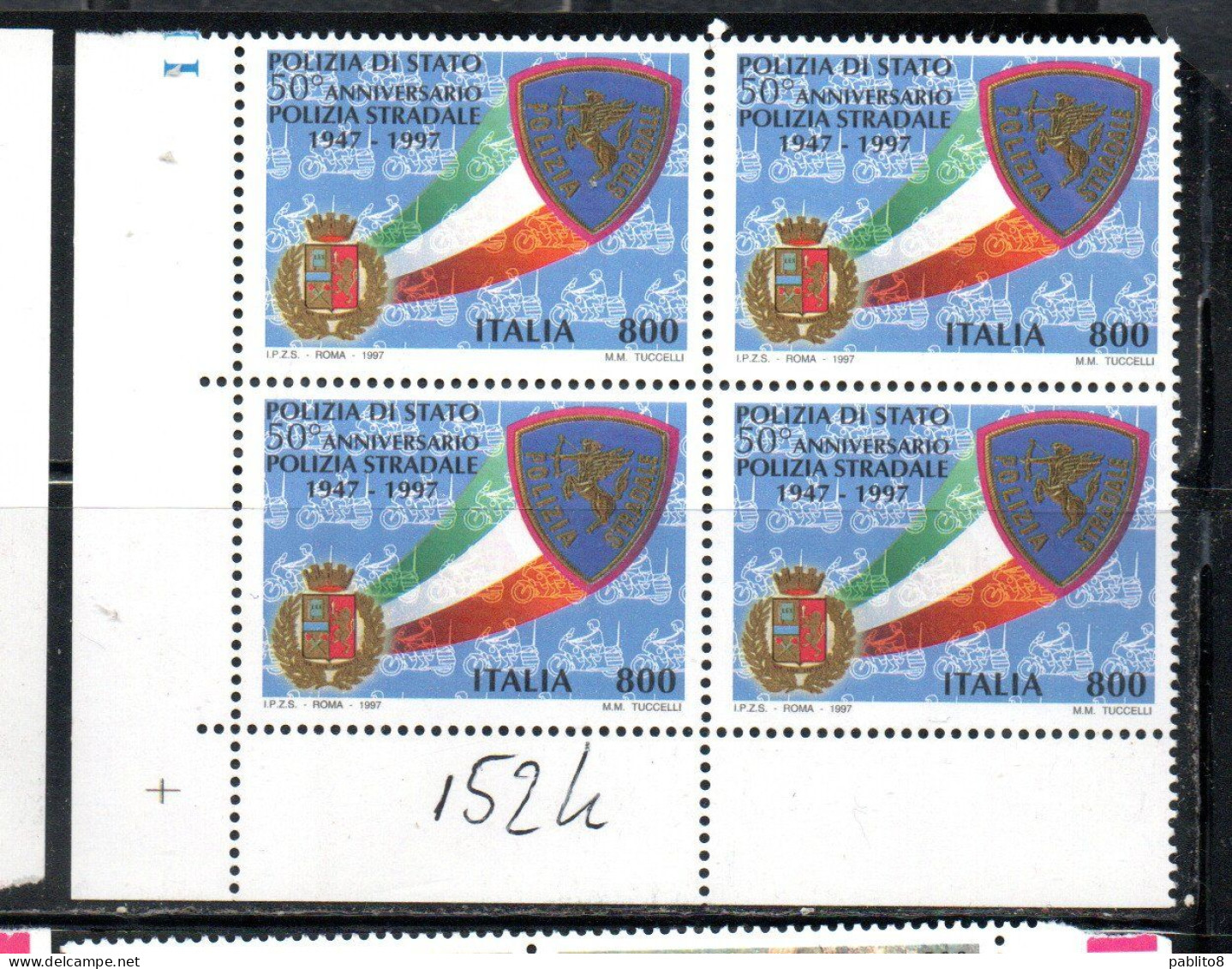 ITALIA REPUBBLICA ITALY REPUBLIC 1997 LE ISTITUZIONI POLIZIA STRADALE QUARTINA ANGOLO DI FOGLIO BLOCK MNH - 1991-00: Mint/hinged