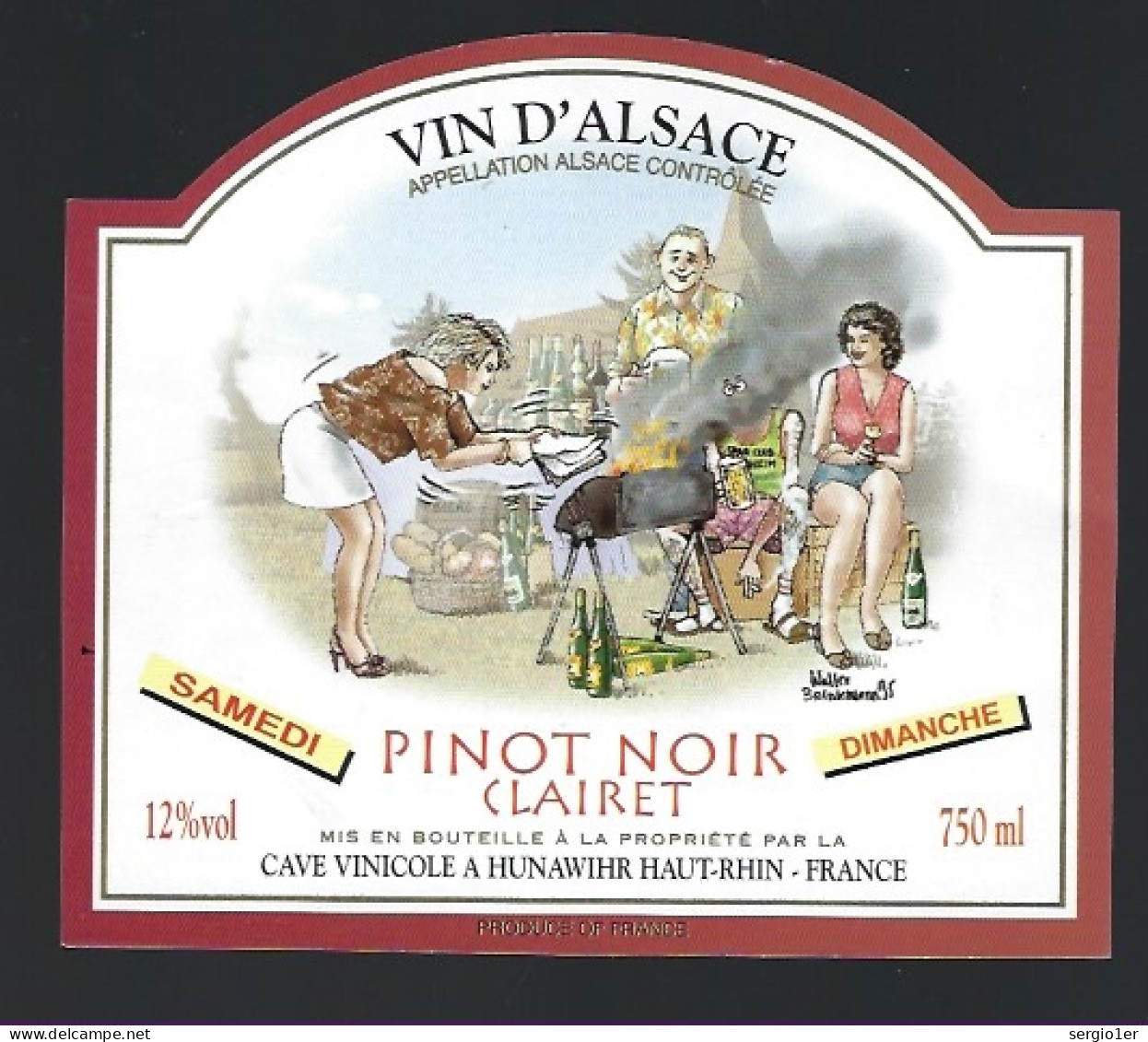 Etiquette Vin  Alsace Pinot Noir Clairet Cave De Hunawihr 68 Samedi Dimanche  Illustration De Walter Brinkmann - Rode Wijn