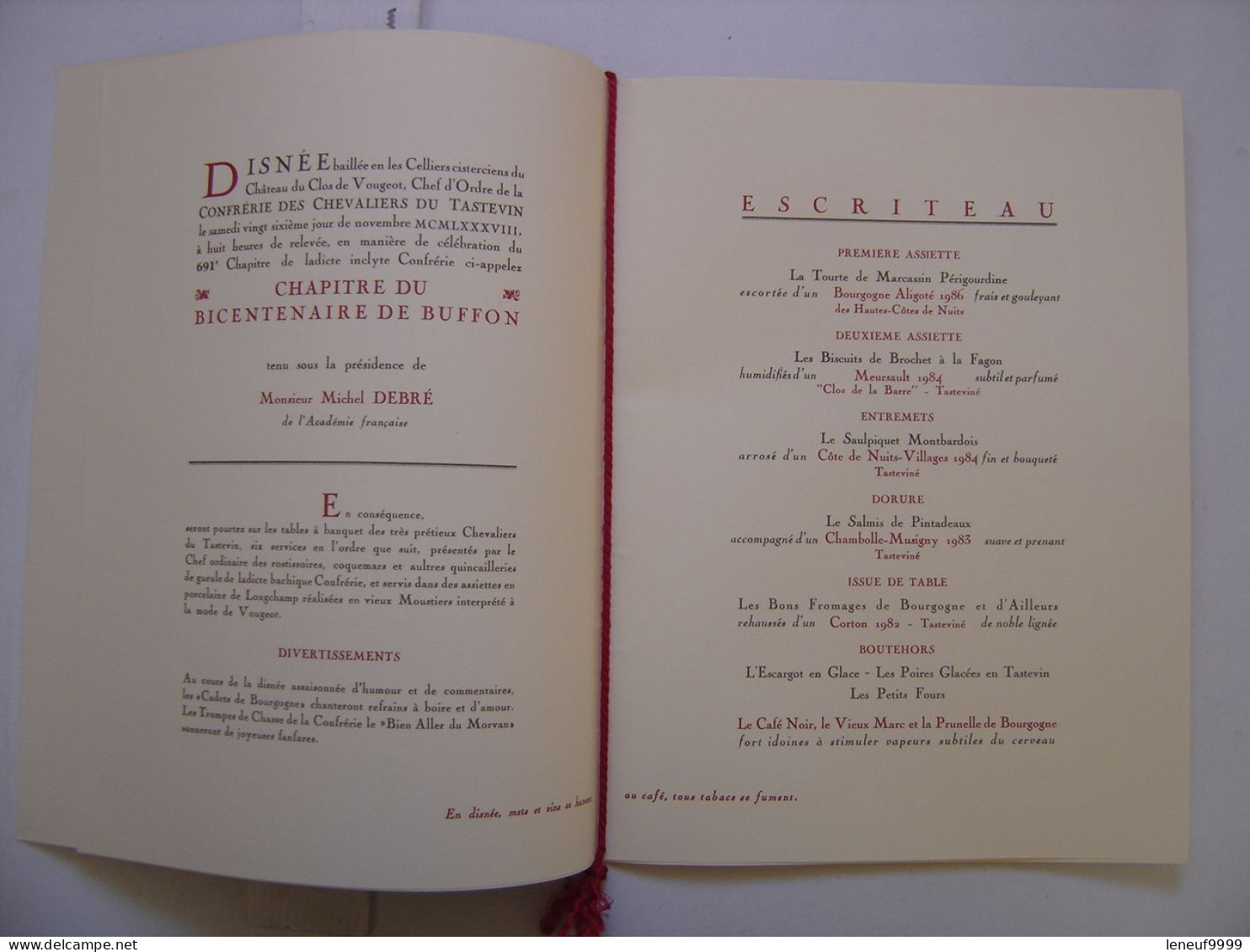 Menu CLOS DE VOUGEOT 1988 Chevaliers Tastevin Michel DEBRE Academie Francaise - Menus