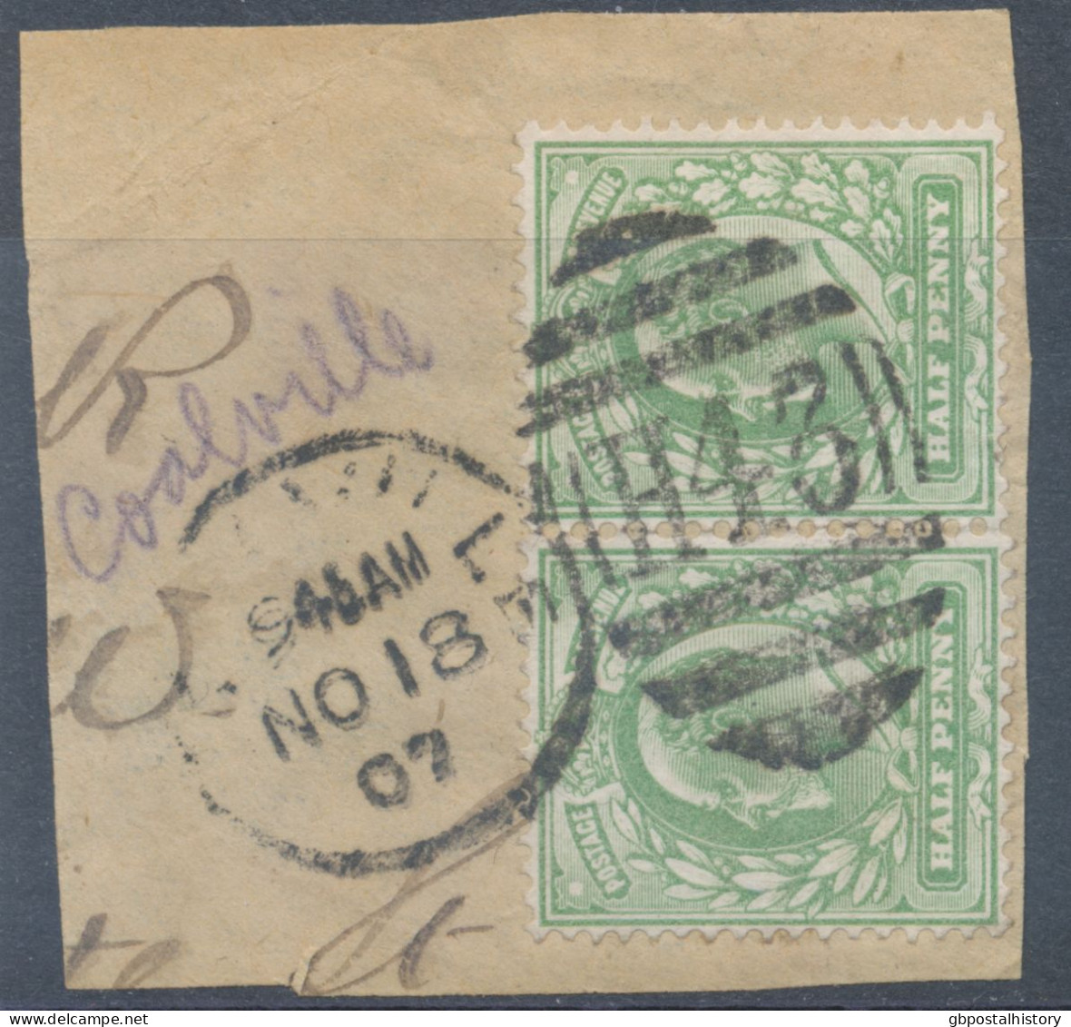 GB EVII ½d  Yellowish Green (pair) VFU On Piece With Duplex „COALVILLE / H43“, Leicestershire (3VOD, Time In Full 945AM) - Used Stamps