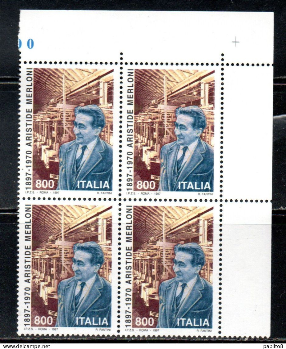 ITALIA REPUBBLICA ITALY REPUBLIC 1997 ARISTIDE MERLONI QUARTINA ANGOLO DI FOGLIO BLOCK MNH - 1991-00:  Nuovi