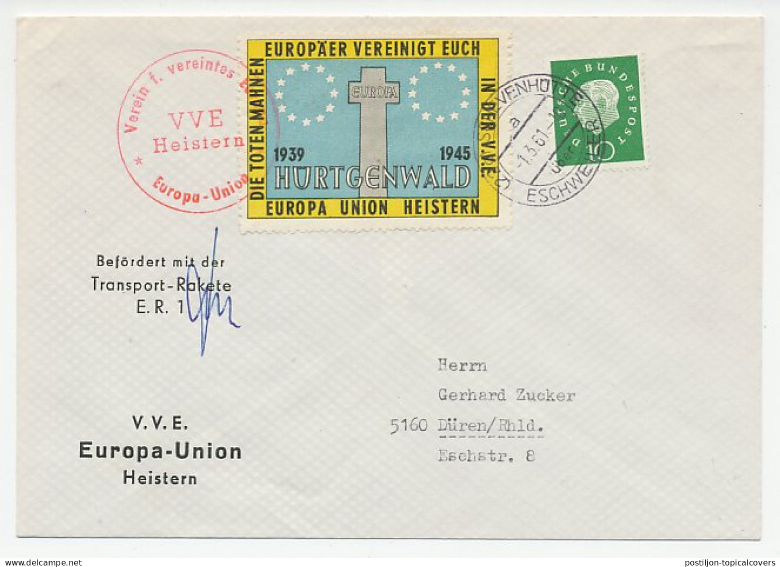 Cover / Postmark / Label Germany 1961 Europa Union - Rocket - Europese Instellingen