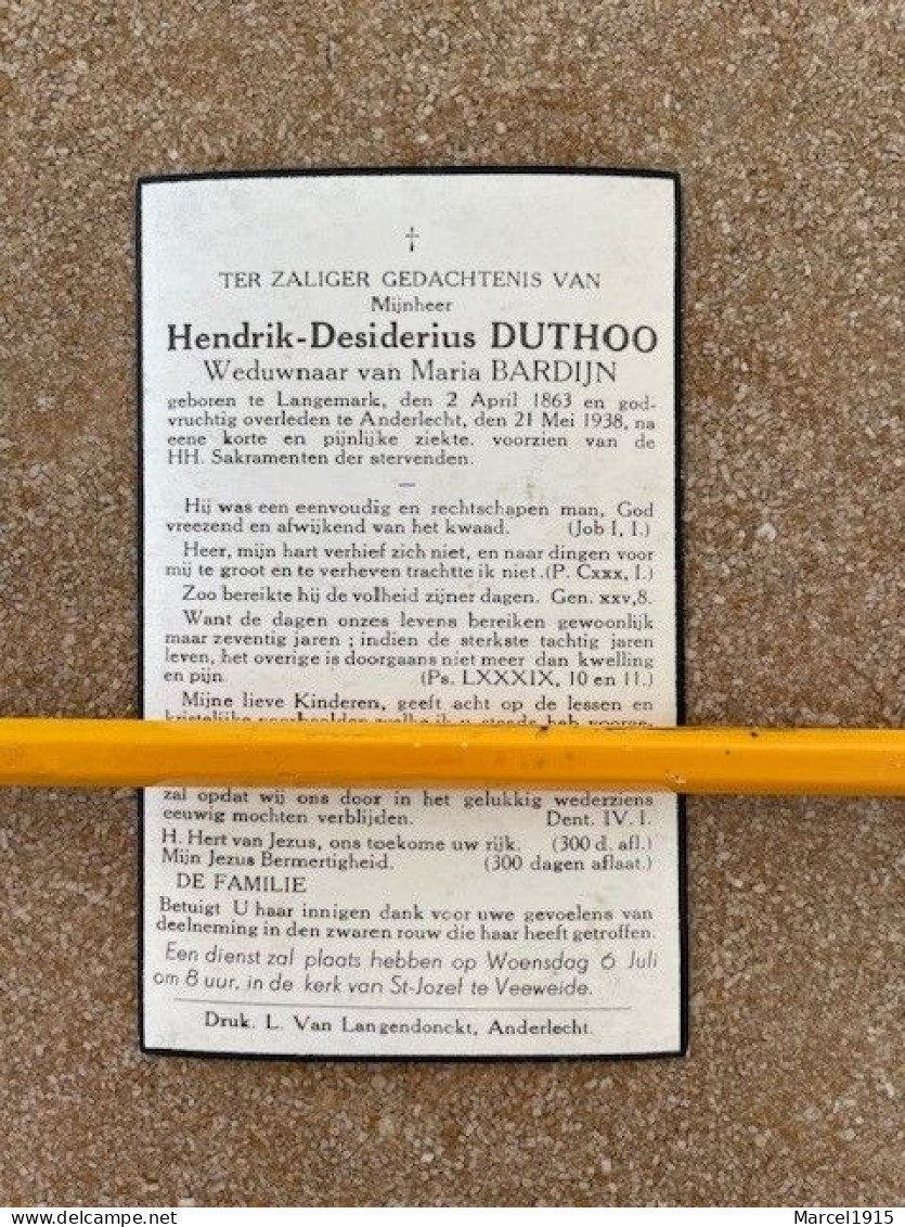 BP LANGEMARK HENDRIK Desiderius DUTHOO ° 2/4/1863 En Overleden Te ANDERLECHT 21/5/1938, Weduwnaar MARIA BARDIJN - Religion & Esotérisme