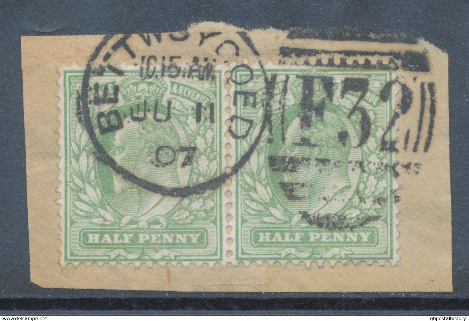 GB EVII ½d  Yellowish Green (pair) VFU On Piece With Duplex „BETTWSYCOED / F32“, (Betws-y-Coed), Caernarfonshire, Wales - Used Stamps