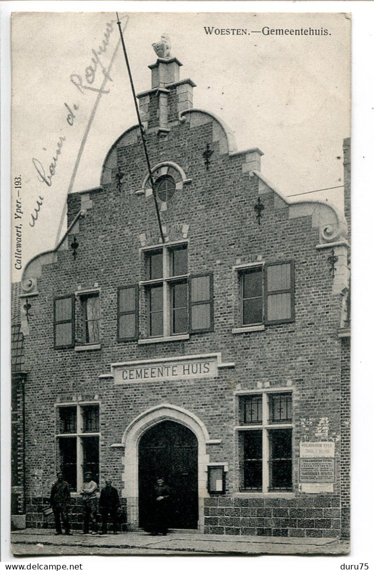 CPA Voyagé 1914 * WOESTEN ( Vleteren ) Gemeentehuis Gemeente Huis ( La Mairie Animée ) Ecrite Par Soldat Hussard - Vleteren