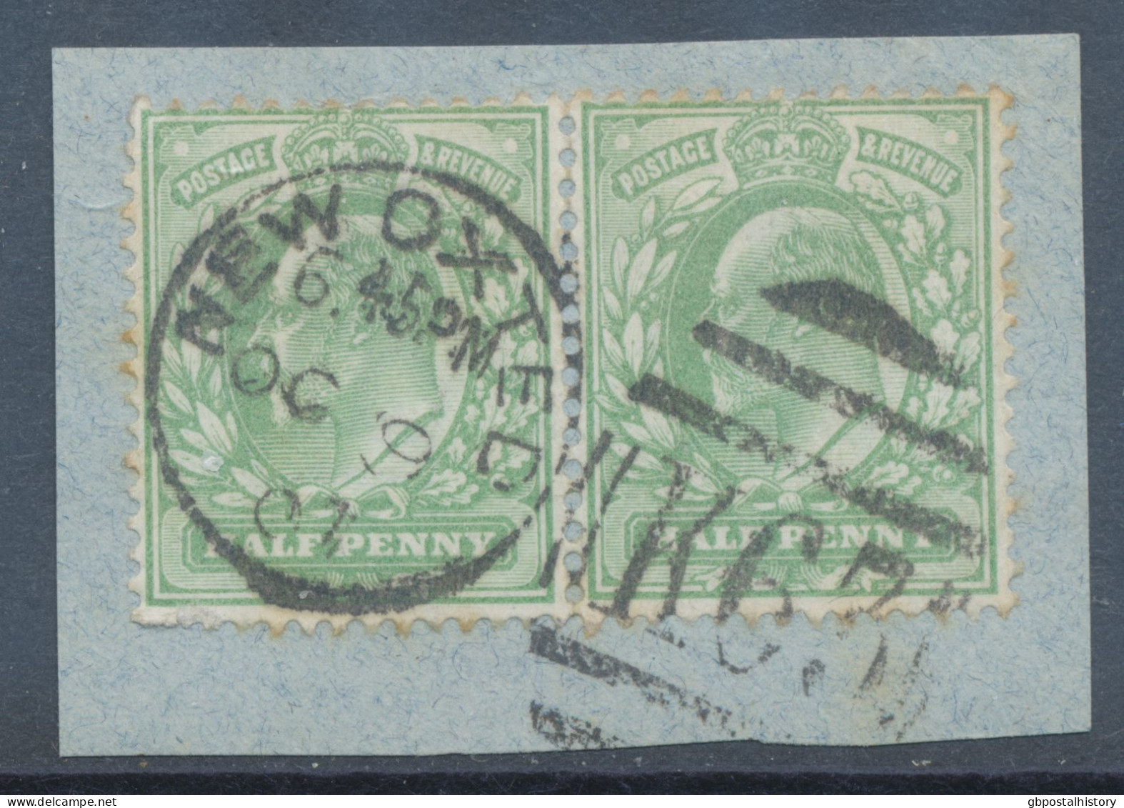 GB EVII ½d  Yellowish Green (pair) VFU On Piece With Duplex „NEW OXTED / K63“, Surrey (3VOD, Time In Full 6.45.PM), 9.10 - Used Stamps