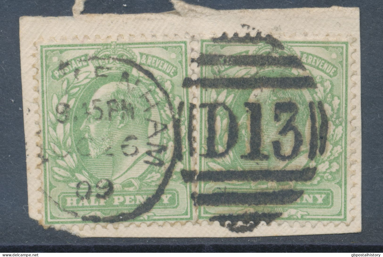 GB EVII ½d  Yellowish Green (pair) VFU On Piece With Duplex „BECKENHAM / D13“, Kent Now Greater London (3VODBt, Time In - Used Stamps