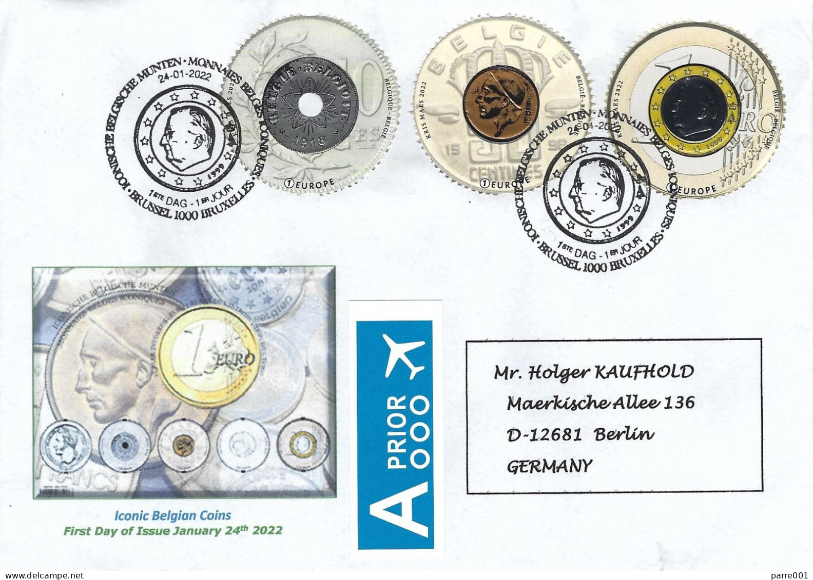 Belgium Belgie Belgique 2022 Brussels Coins Circular Silver Foil Die-stamped Embossed FDC Cover - Lettres & Documents