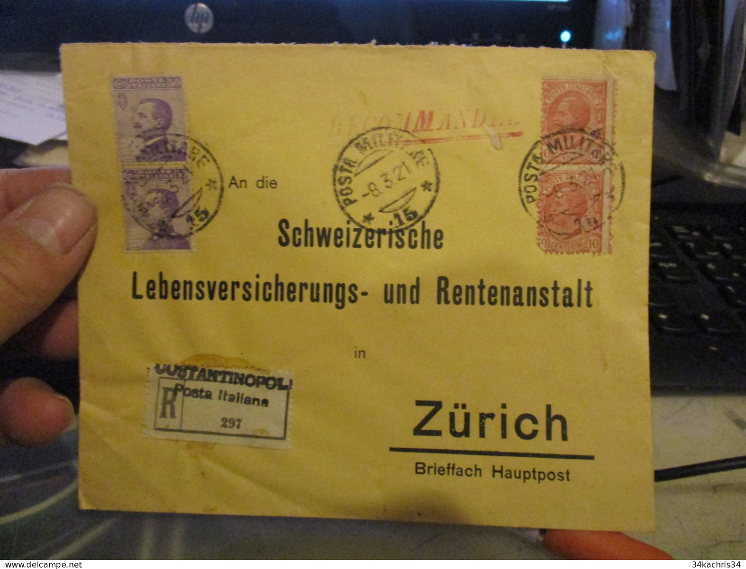 Lettre Italie Italia En Recommandé Constantinople Pour Zurich Suisse Posta Militare 15 1921 4TP Anciens - Europa- Und Asienämter