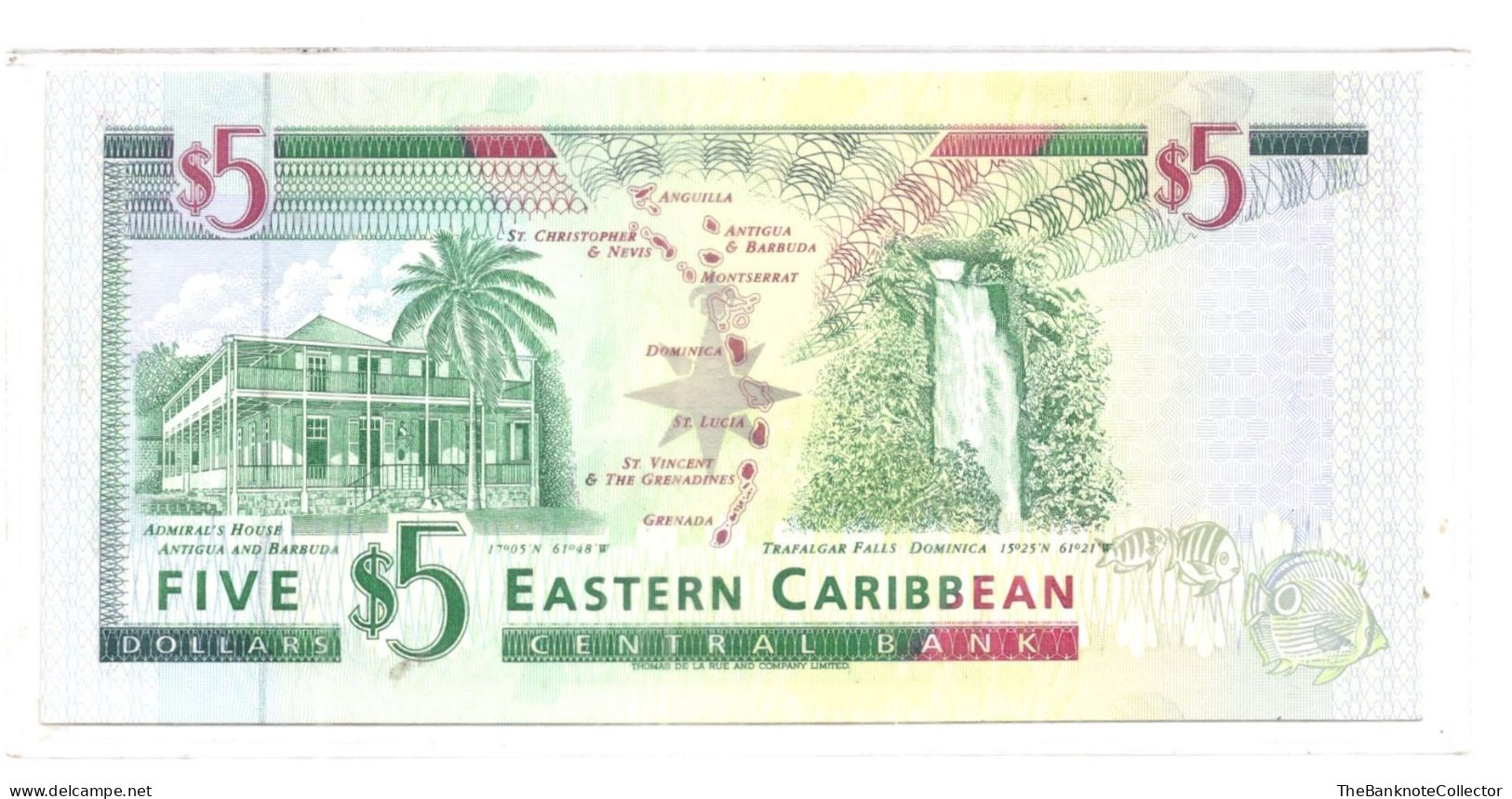 Eastern Caribbean Central Bank 5 Dollars ND 2001 QEII P-42 Antigua UNC - East Carribeans