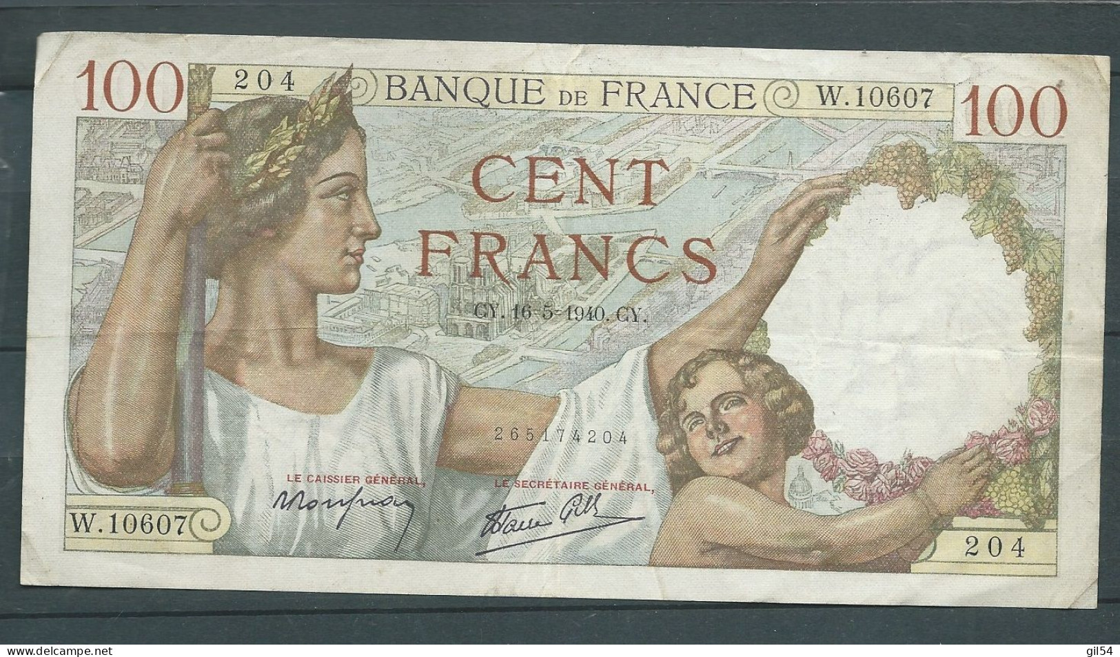 Billet 100 Francs SULLY - GY. 16- 5-1940. GY - W.10607 204 - Laura 9320 - 100 F 1939-1942 ''Sully''