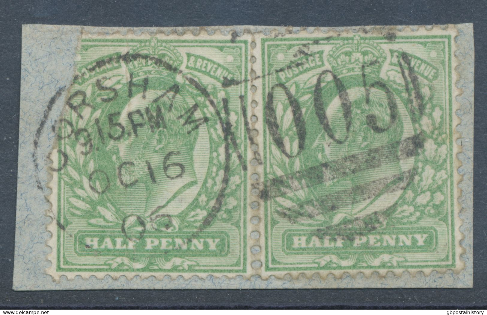 GB EVII ½d  Yellowish Green (pair, One Damaged) VFU On Piece With Duplex „CORSHAM / 005“, Wiltshire (3VOD, Time In Full - Used Stamps