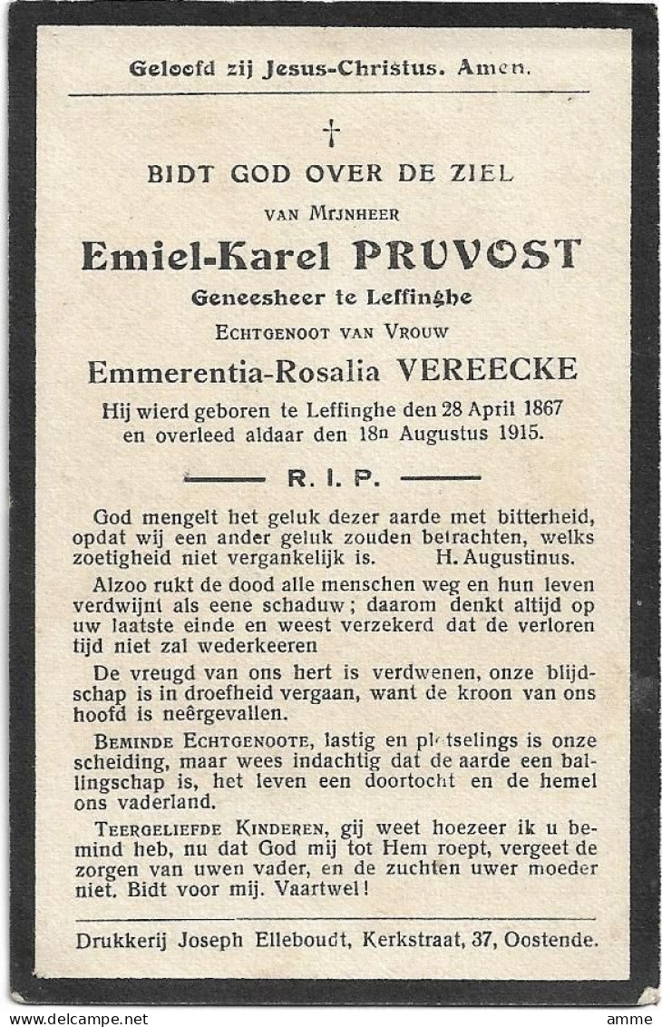 Doodsprentje *  Pruvost Emiel ( ° Leffinge 1867 / + 1915) X Vereecke Emmerentia  (Geneesheer Leffinghe) - Religion & Esotérisme