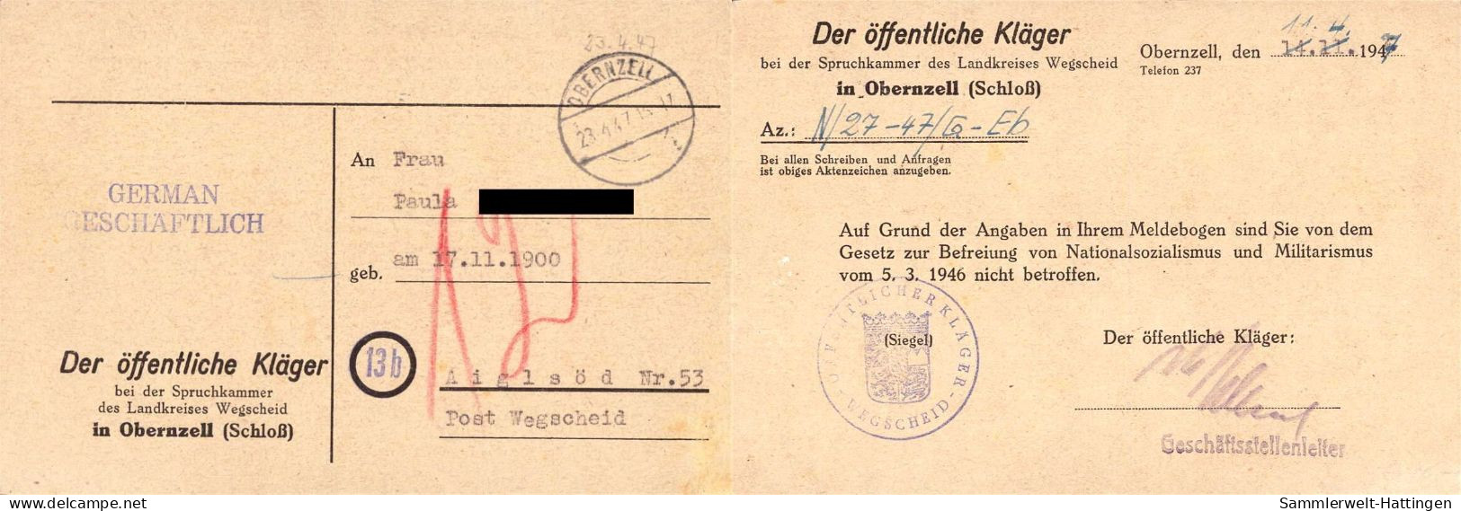 603930 | Weihnachtsamnestie, Persilschein, 2 Dokumente, Entnazifizierung Wegen Mitgliedschaft In Der NSDAP | Obernzell ( - Emergency Issues American Zone