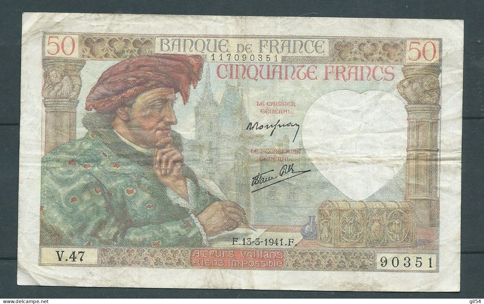France -  Billet  50 Cinquante Francs JACQUES COEUR - F.13 -3 -1941.F. V.47 90351 - Laura 9321 - 50 F 1940-1942 ''Jacques Coeur''