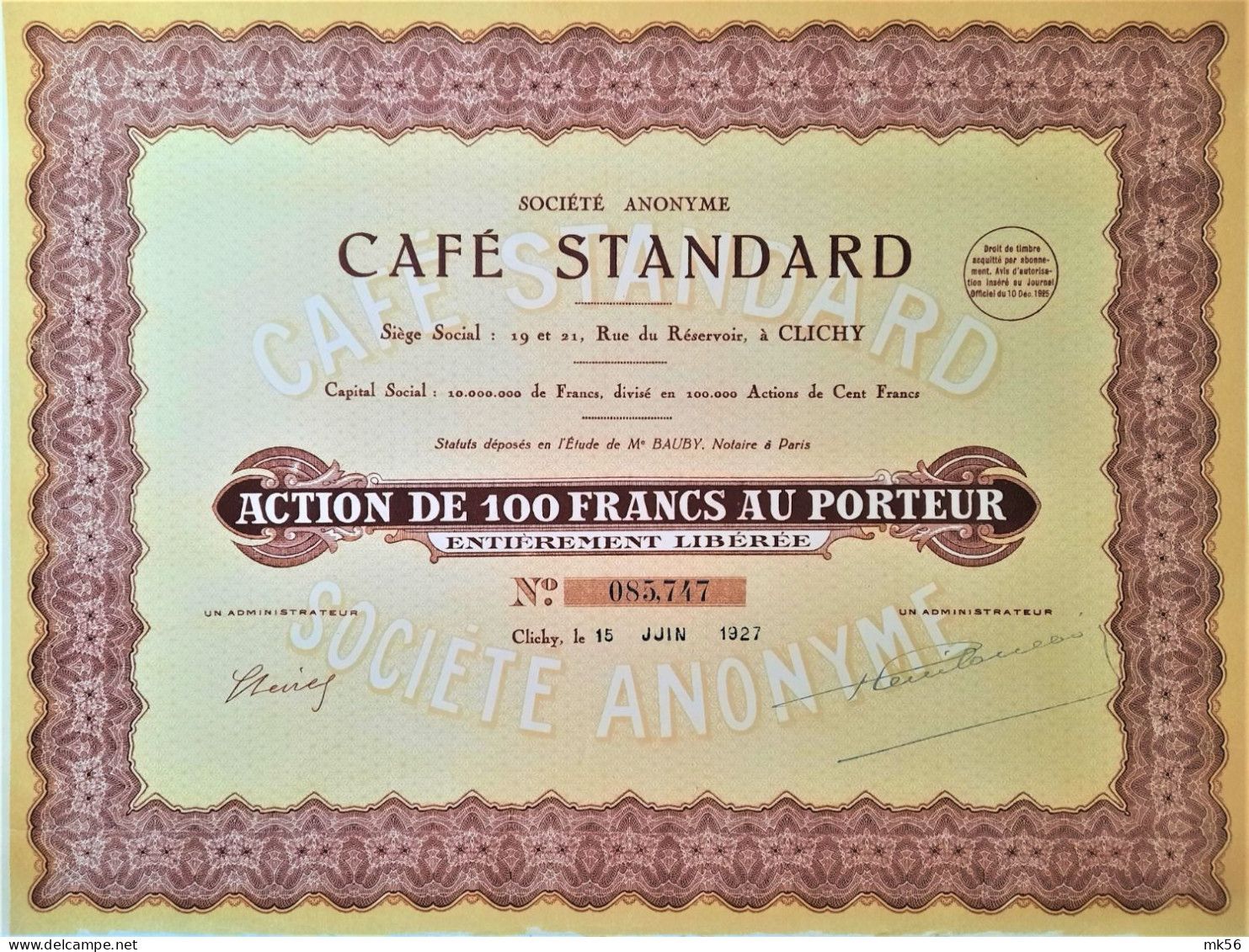 S.A. Café Standard - 1925 - Clichy - Action De 100 Francs - Aardolie