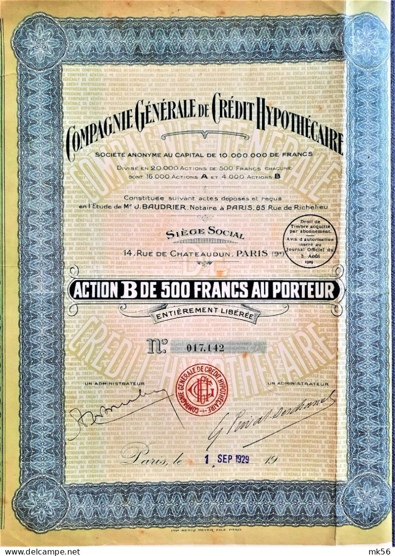 Compagnie Générale De Crédit Hypothécaire - Action B De 500 Fr - 1929 - Paris - Banco & Caja De Ahorros