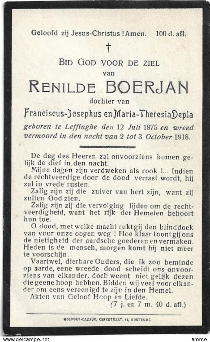 Doodsprentje *  Boerjan Renilde  (° Leffinge 1875/ + Vermoord 1918) Dochter Franciscus & Depla Maria-Theresia - Religion & Esotérisme