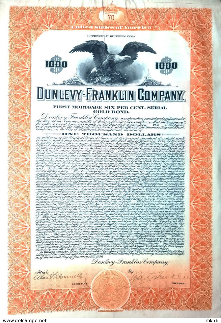 Dunlevy-Franklin Company - One Thousand Dollars - 1930  - Pittsburgh - Pennsylvania - Autres & Non Classés