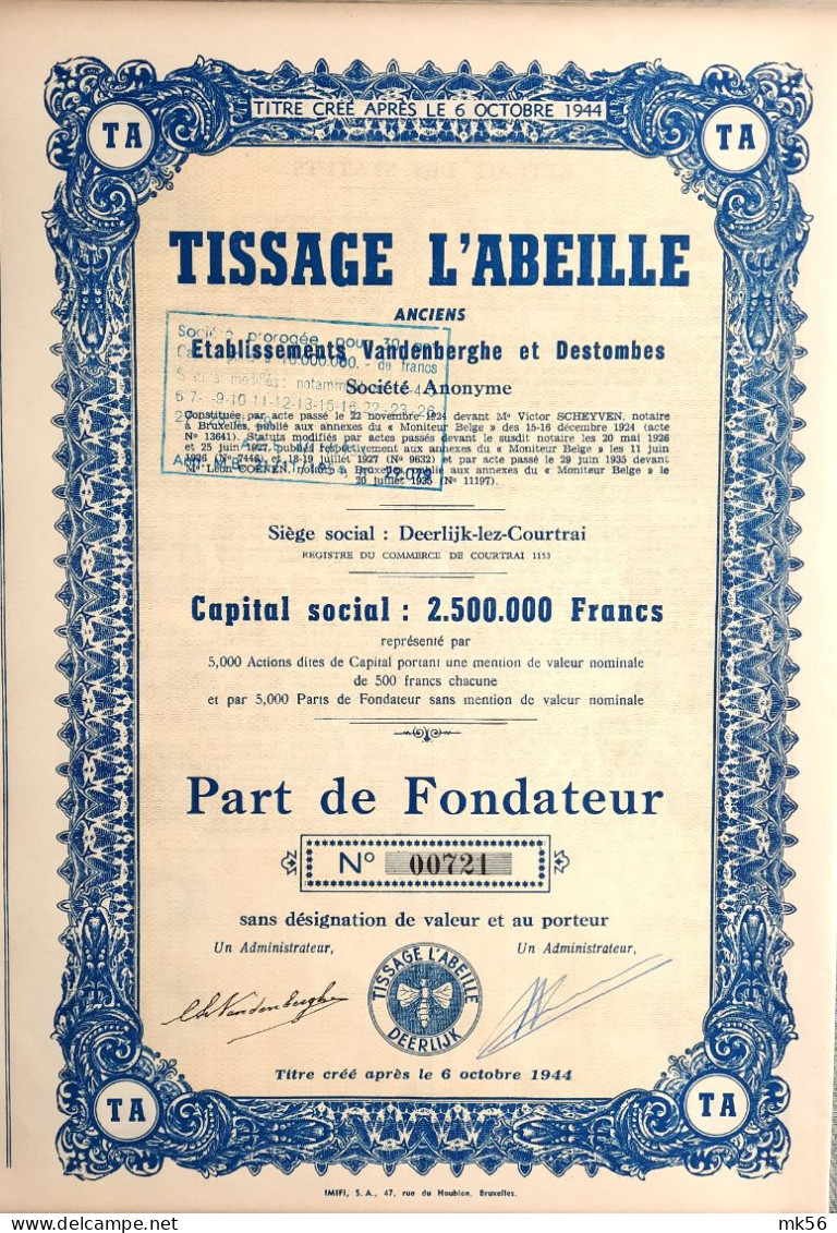 Tissage L'Abeille - Anciens Etablissements Vanberghe Et Destombes - Deerlijk-lez-Courtrai - Textil