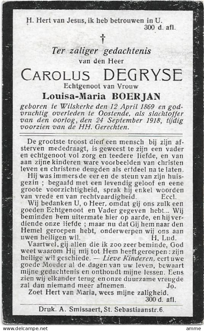 Oorlogsslachtoffer  *  Degryse Carolus  (° Wilskerke 1869 / + Oostende 1918) X Boerjan Louise-Maria - Religion & Esotérisme