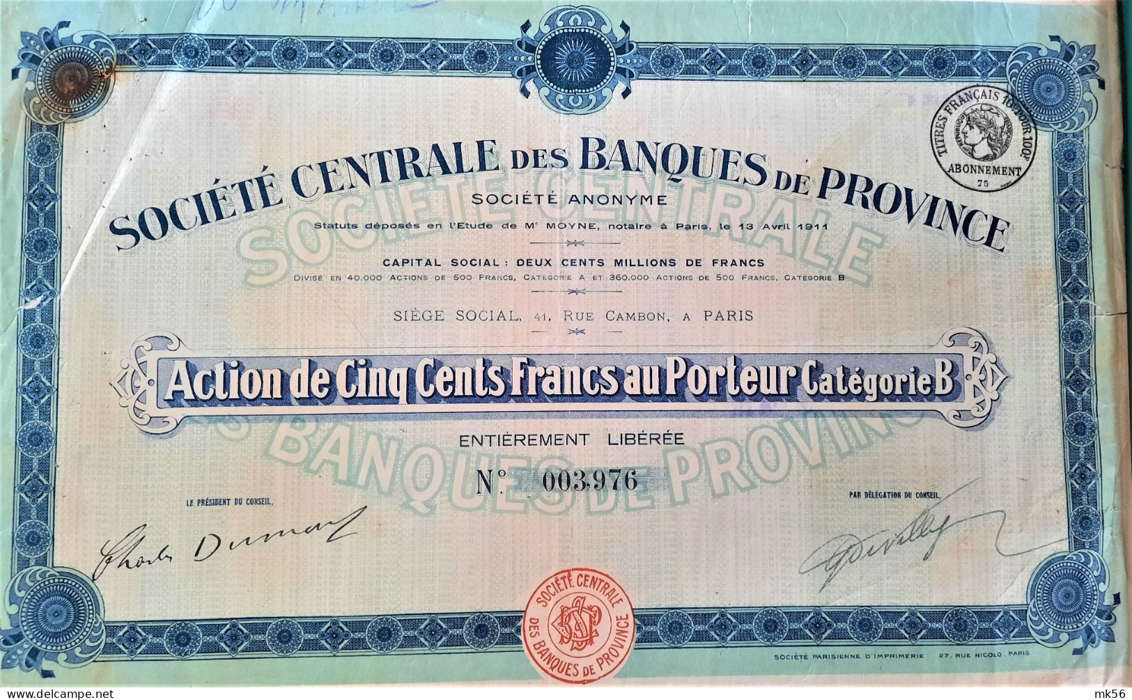 Société Centrale Des Banques De Province - Action De 500 Francs - 1911 - Paris - Banco & Caja De Ahorros