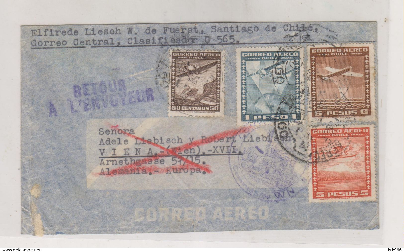 CHILE  1939 SANTIAGO  Airmail Cover To AUSTRIA Germany Returned - Chile