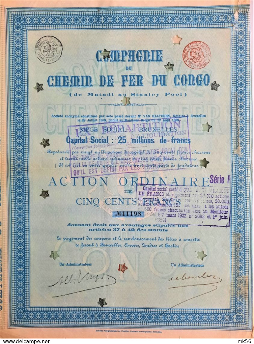 Cie Du Chemin De Fer Du Congo- Act.ord. De 500 Fr - Africa