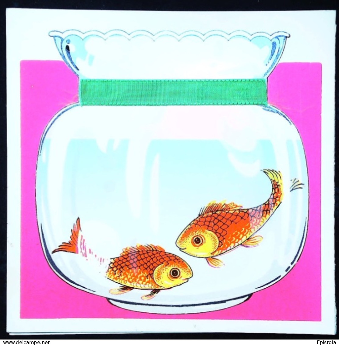 ► Carte Double Dessin FLUO Aquarium Ruban Tissu Vert  - IRAN 1970s Dim. 15x15 - Iran