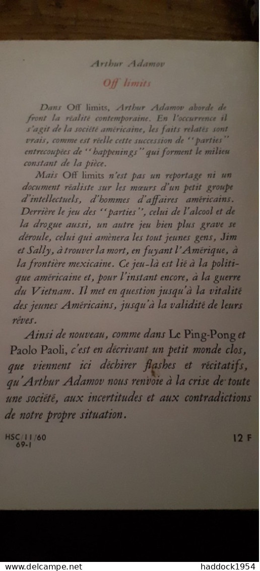Off Limits ARTHUR ADAMOV Gallimard  1969 - Franse Schrijvers