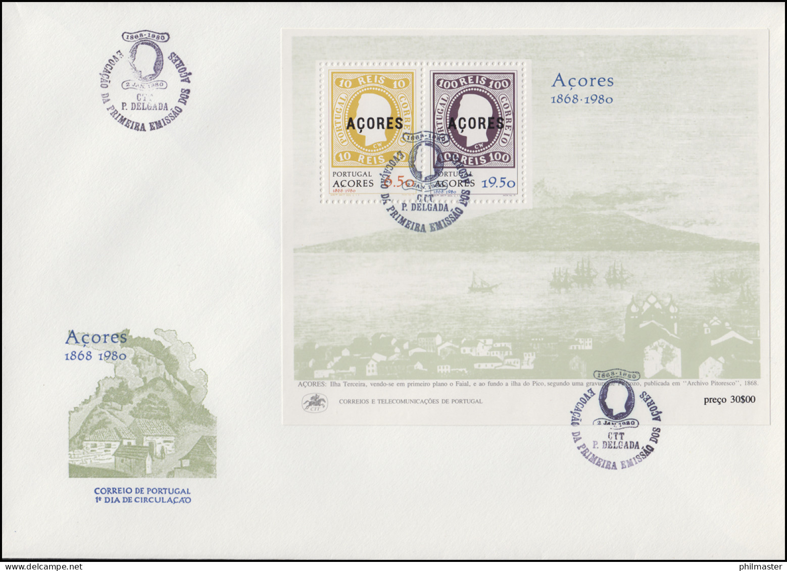 Portugal Azoren Erstausgabe Mit Aufdruck Azoren 1868-1980, Block - FDC - Poste