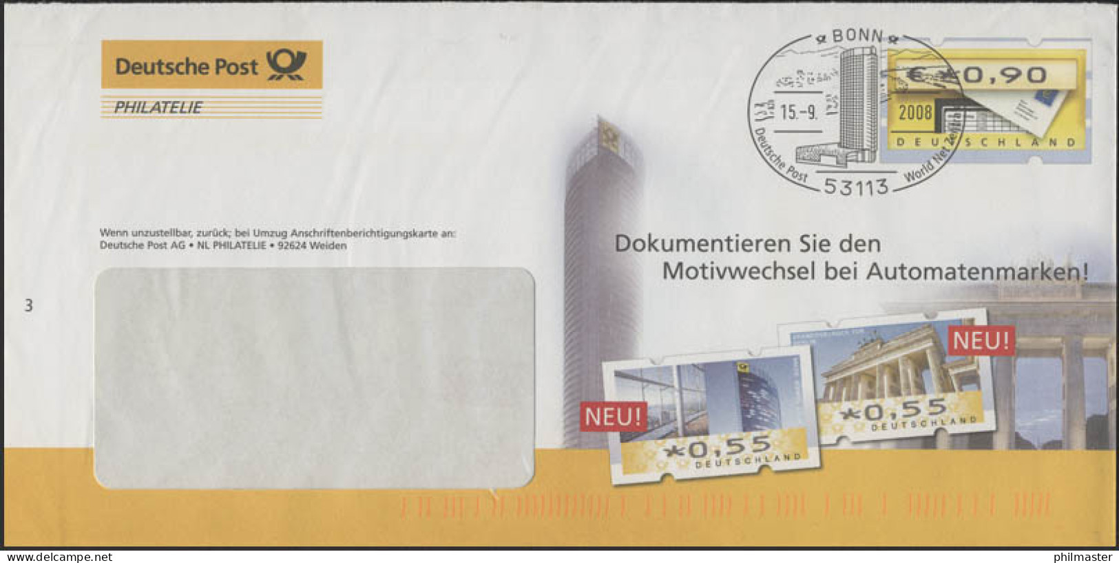 Plusbrief F351 ATM Briefkasten: Motivwechsel Automatenmarken, SSt Bonn 15.9.2008 - Enveloppes - Neuves