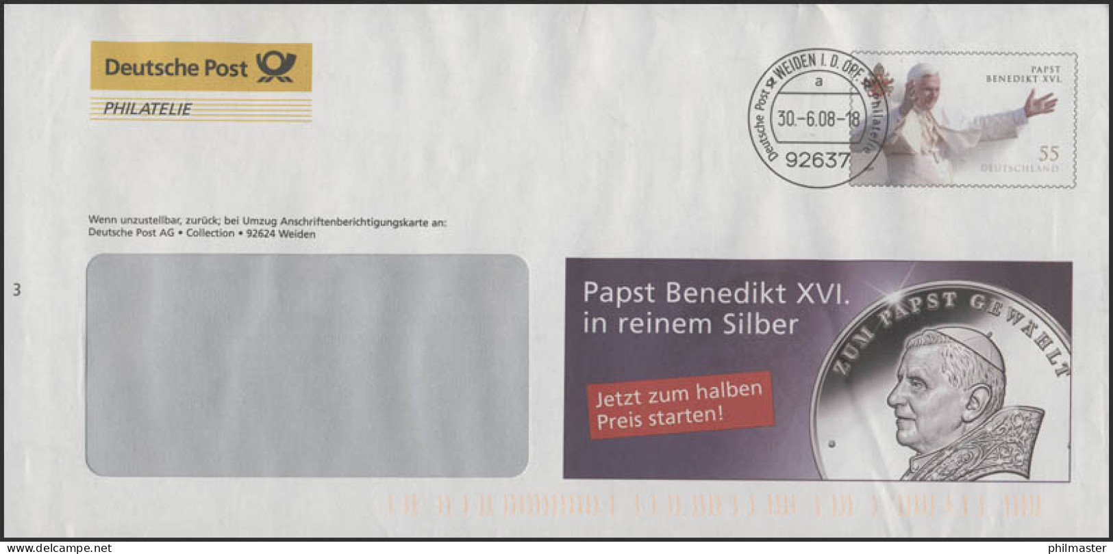 Plusbrief F332 Papst Bendikt XVI: Werbung Für Papst-Silbermünze, 30.6.08 - Enveloppes - Neuves
