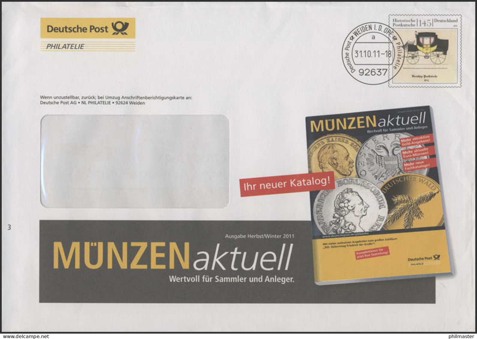 Plusbrief F Postkutsche: MÜNZENaktuell, 30.10.11 - Briefomslagen - Ongebruikt