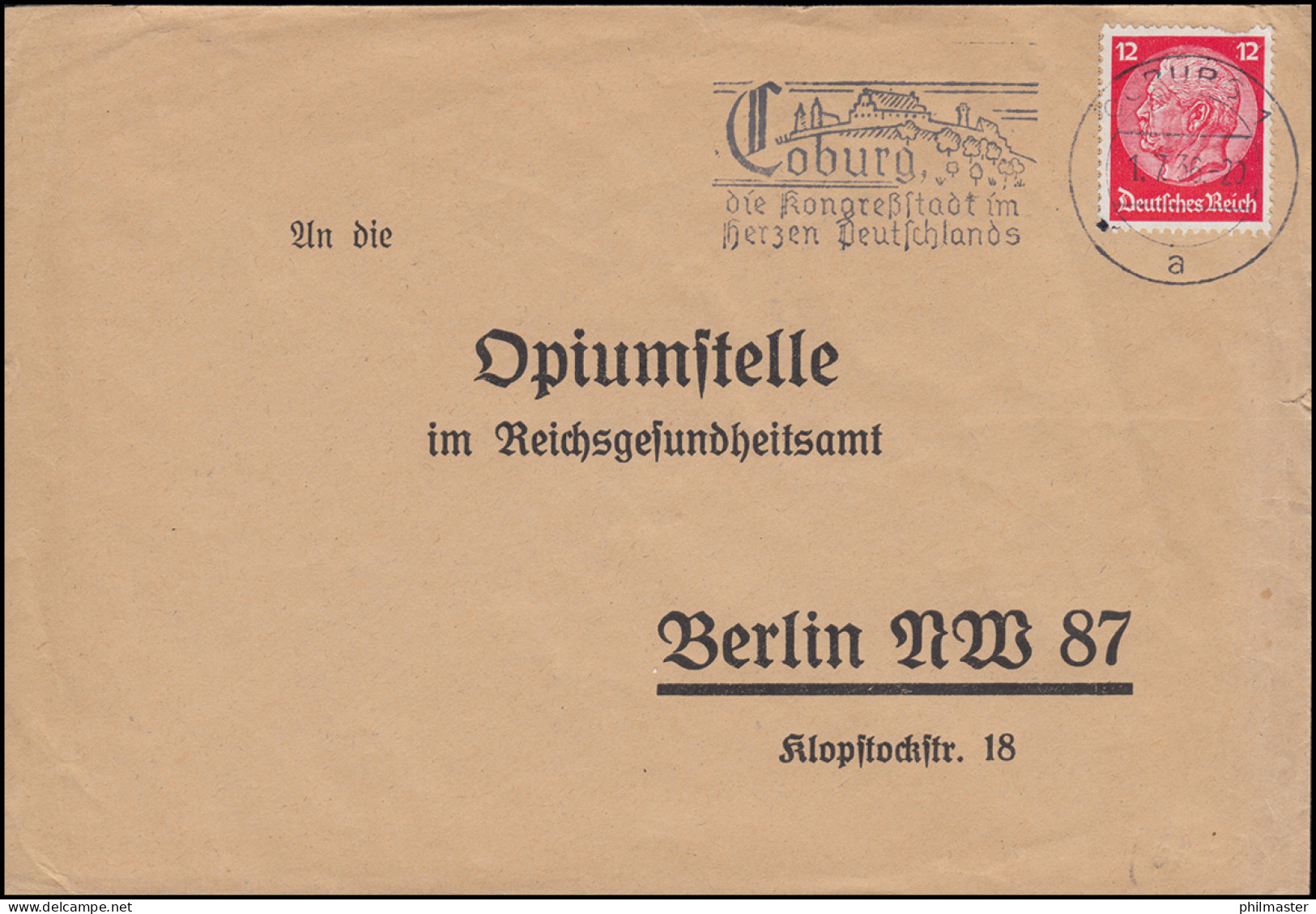 Fernbrief An Die Opiumstelle Im Reichsgesundheitsamt In Berlin, COBURG 1.7.1936 - Pharmacy