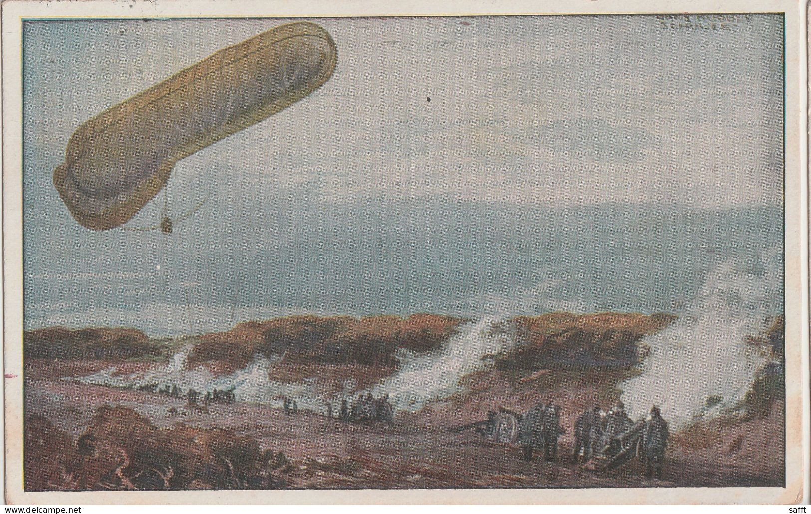 Kunst-AK Fesselballon, Deutsche Artillerie Beobachtend, 1. Weltkrieg 1915, Von Hans Schulze - Globos