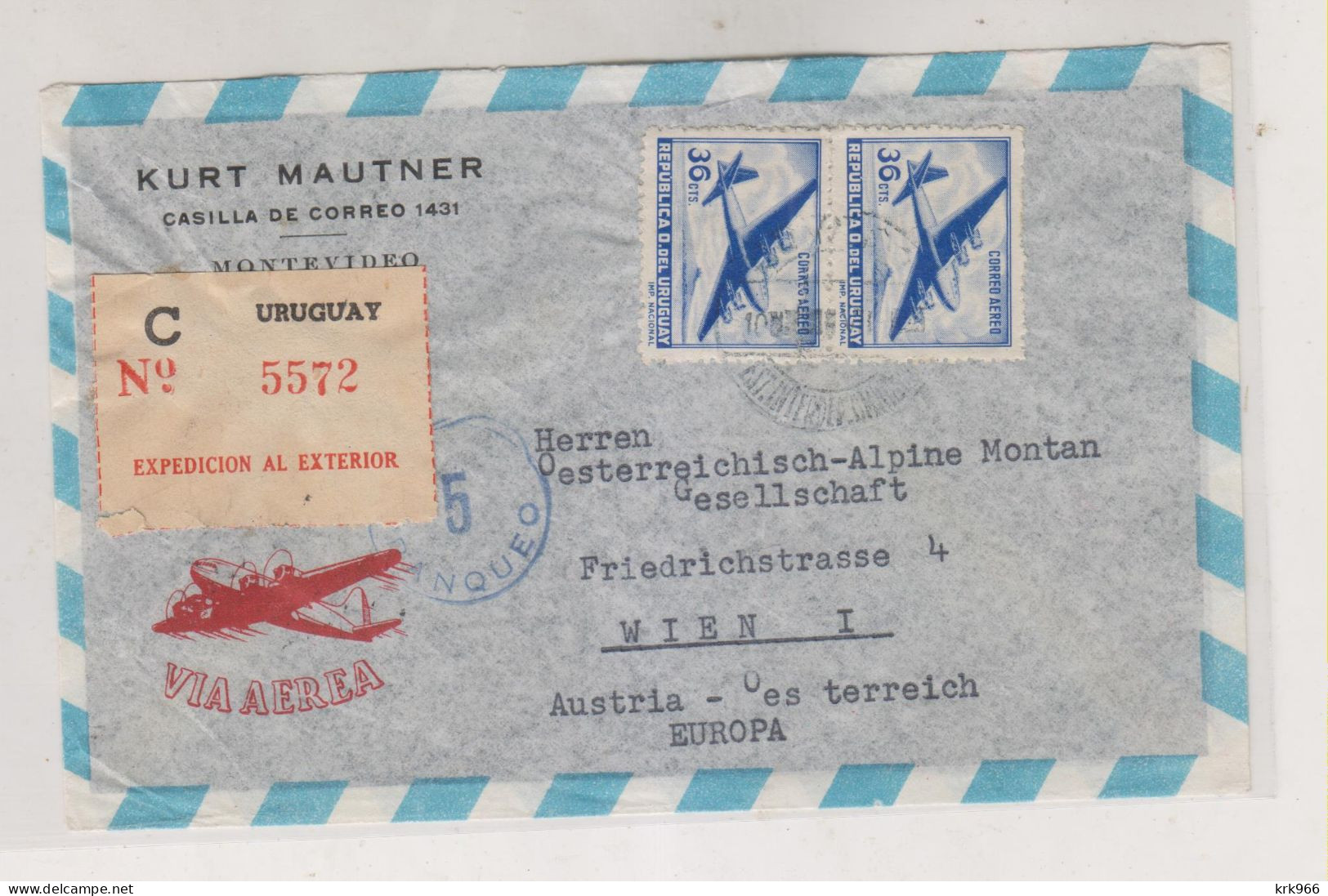 URUGUAY  MONTEVIDEO 1954 Registered Airmail  Cover To Austria - Uruguay