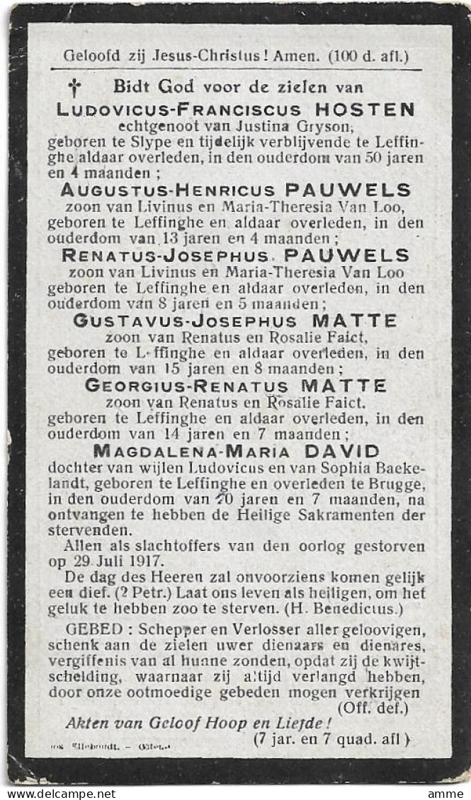 Oorlogsslachtoffers Leffinge 1917 Hosten Ludovicus, Pauwels August & Renatus, Matte Gustavus & Georgius, David Magdalena - Religion & Esotérisme