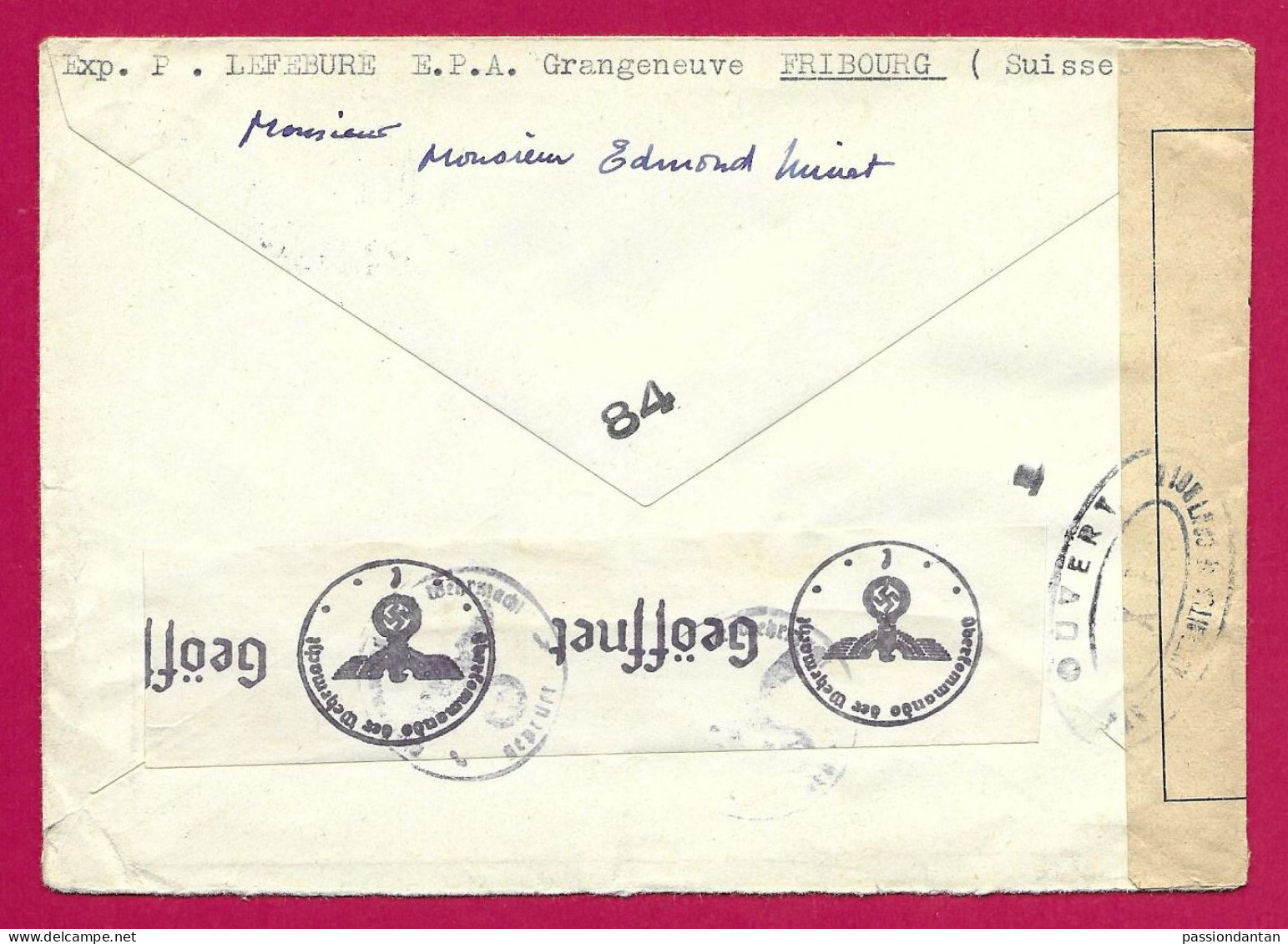 Enveloppe Période Seconde Guerre Mondiale Avec Censures - Voyagée De Fribourg à Destination De Clermont Ferrand - Marcophilie