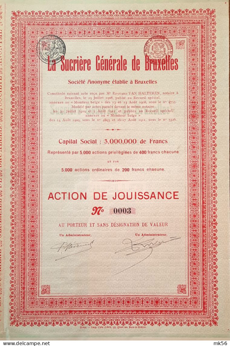 La Sucrière Générale De Bruxelles - Action De Jouissance - 1911 - Agricoltura