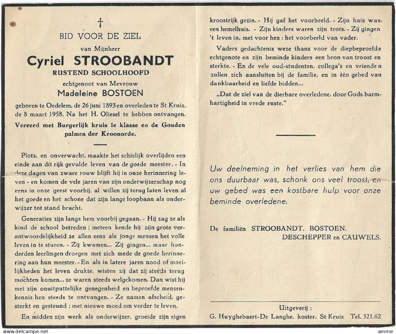 Doodsprentje  *  Stroobandt Cyriel (° Oedelem 1893 / + Sint-Kruis 1958) X Bostoen Madeleine (Schoolhoofd) - Religion & Esotérisme